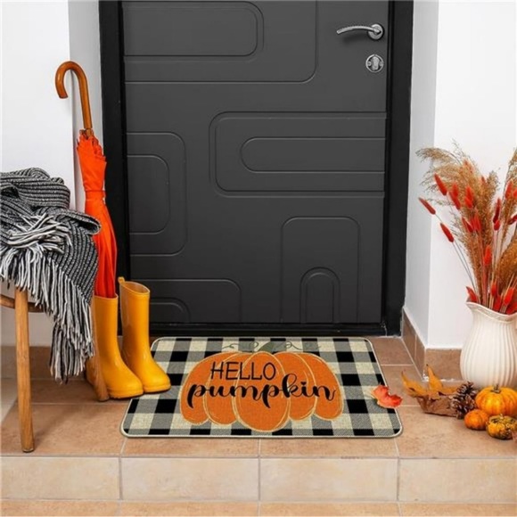 Halloween Buffalo Plaid Pumpkin Hello Door Mat Floor Mat 17x29" Home Decor Gift - Picture 6 of 7